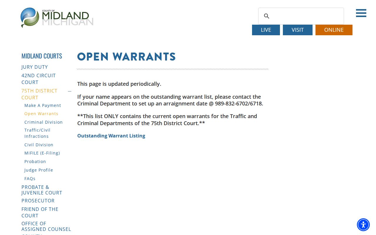 Midland County open-warrant court record page with warrant scope notice